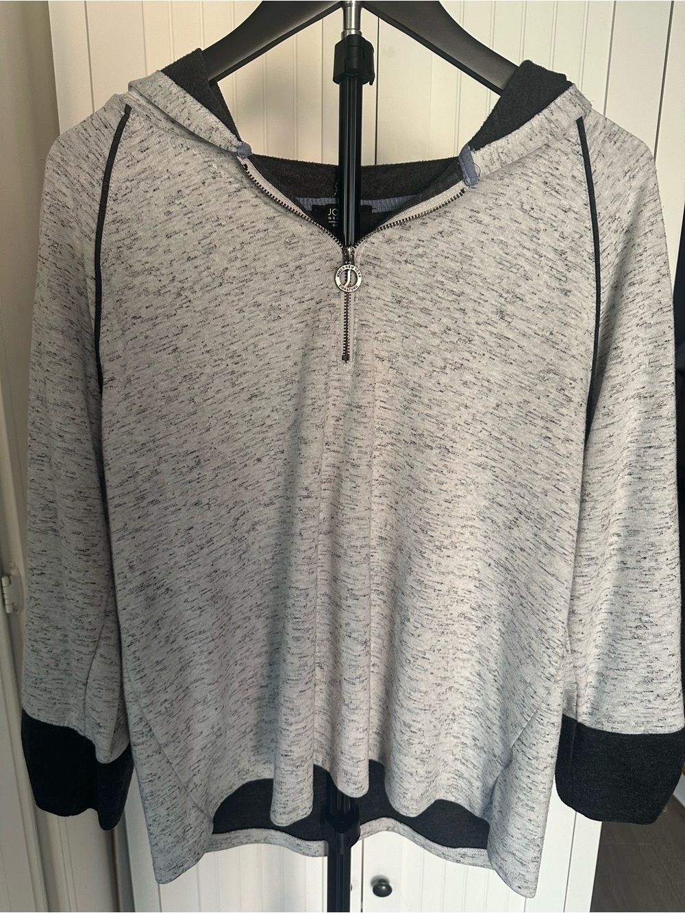 Jones New York Heather Light Gray Half-Zip Hooded Pullover with Dark Trim